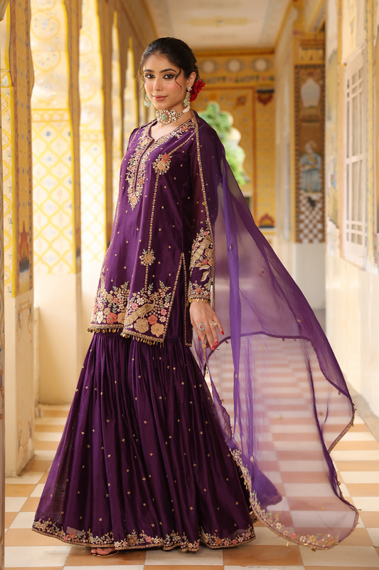 Ahista Purple Mayur Applique Heavy Sharara Set