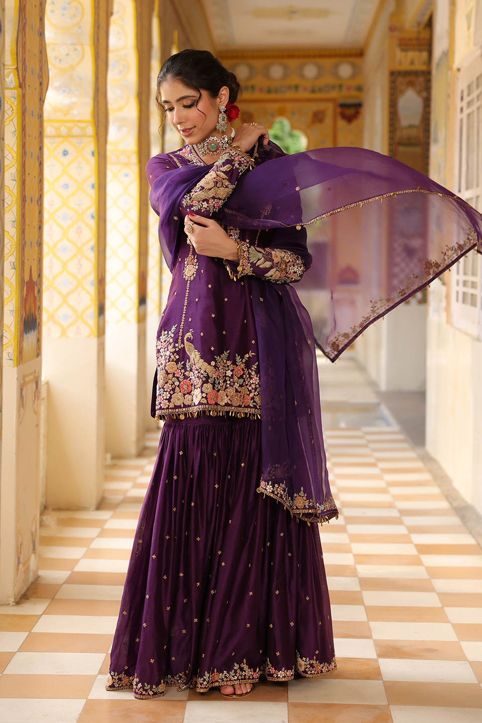 Ahista Purple Mayur Applique Heavy Sharara Set