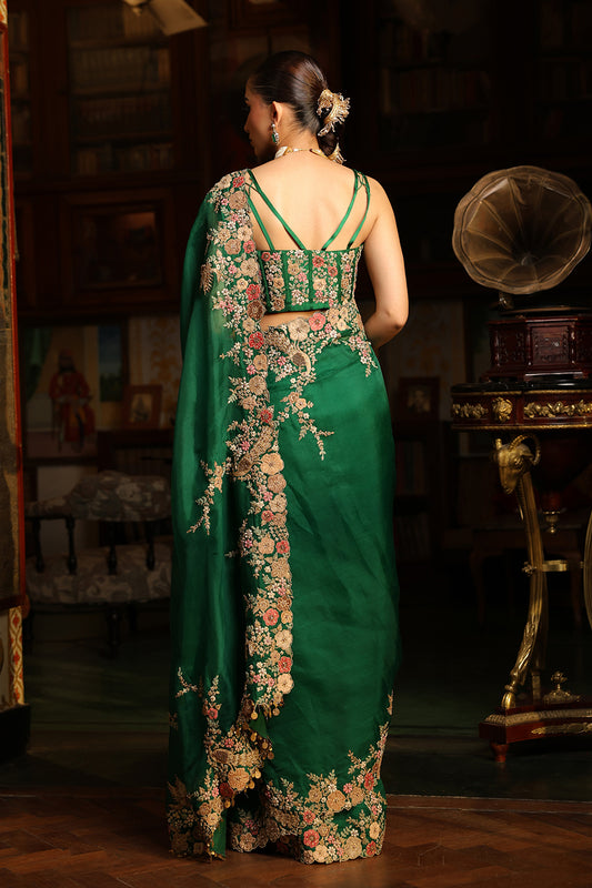 Ahista Green Mayur Applique Cutwork Saree Set