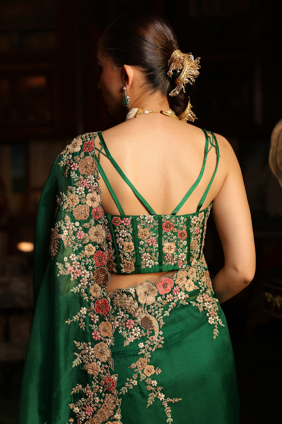 Ahista Green Mayur Applique Cutwork Saree Set