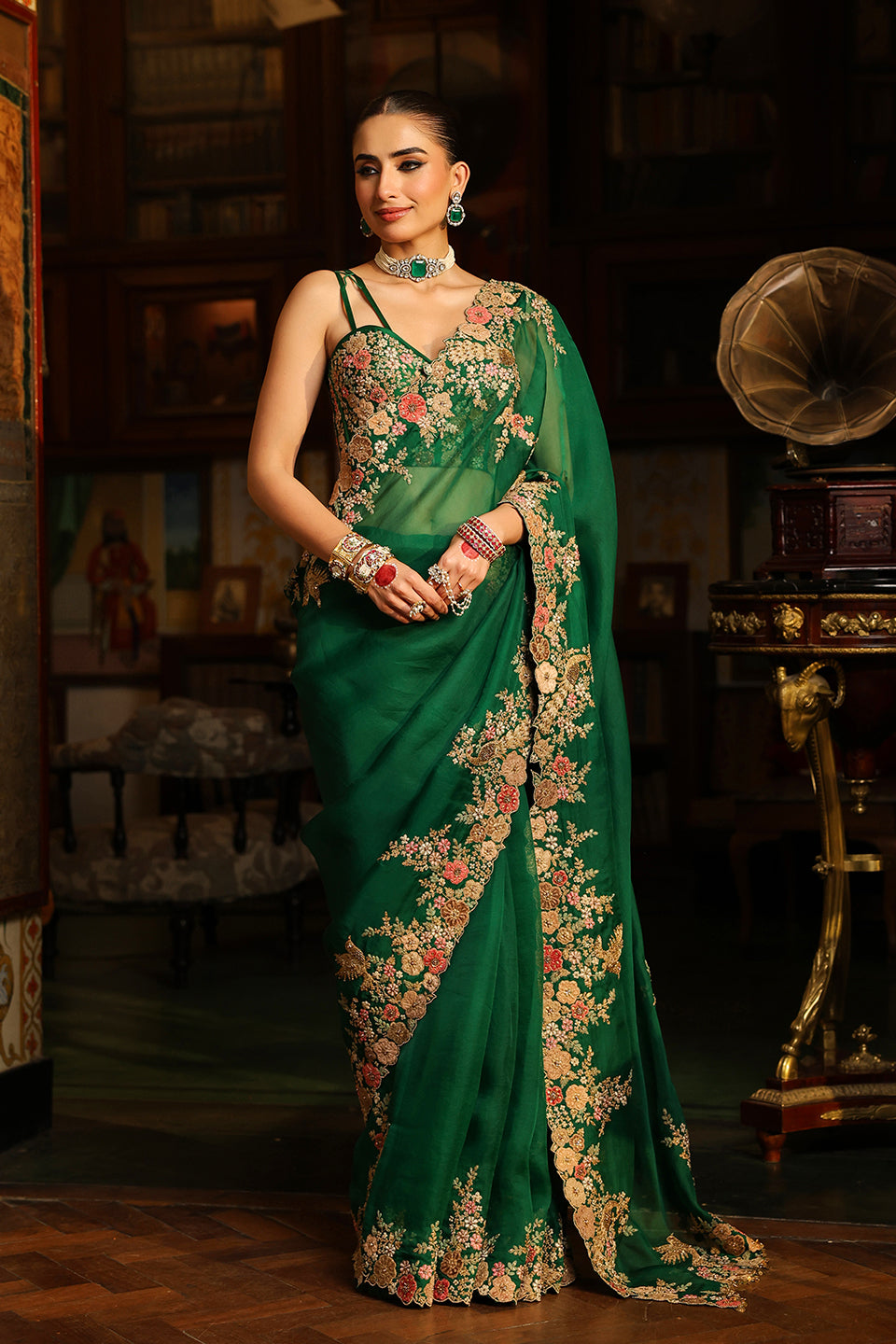 Ahista Green Mayur Applique Cutwork Saree Set