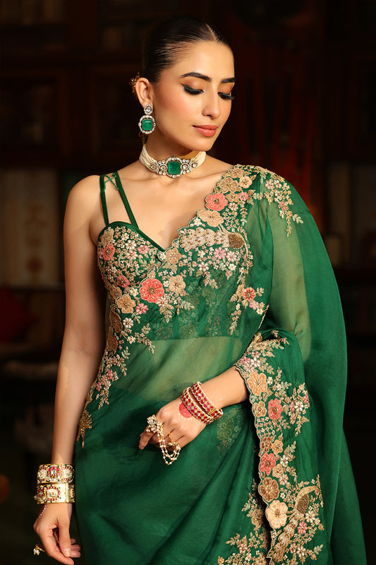 Ahista Green Mayur Applique Cutwork Saree Set
