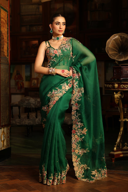 Ahista Green Mayur Applique Cutwork Saree Set