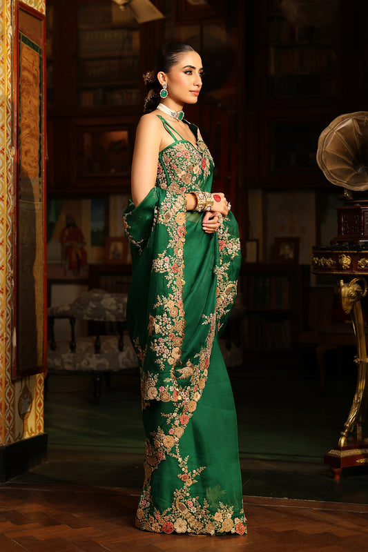 Ahista Green Mayur Applique Cutwork Saree Set