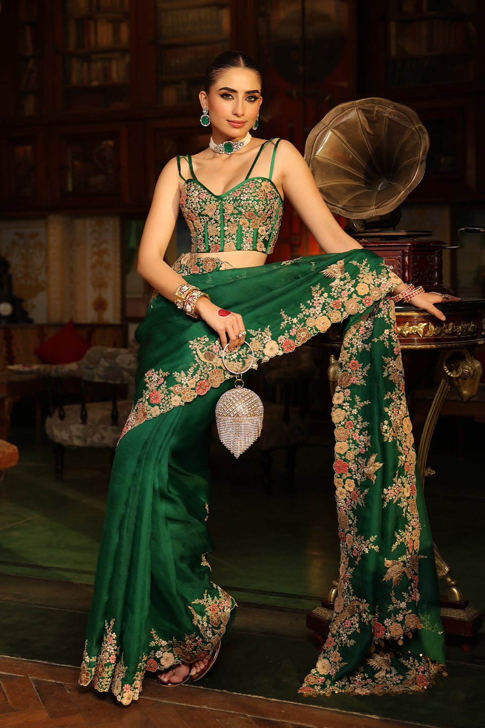 Ahista Green Mayur Applique Cutwork Saree Set