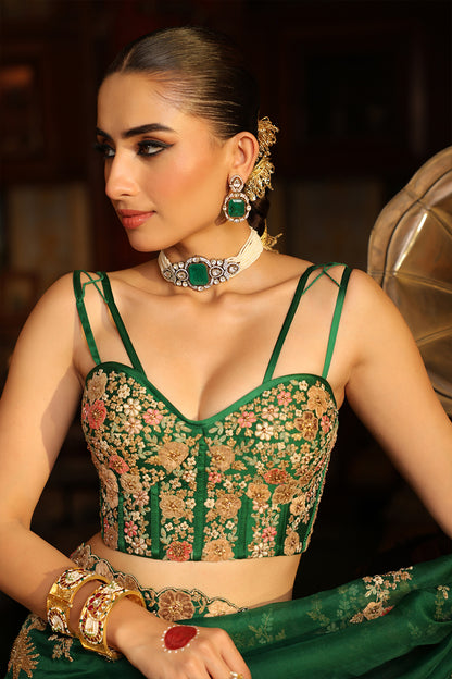 Ahista Green Mayur Applique Cutwork Saree Set