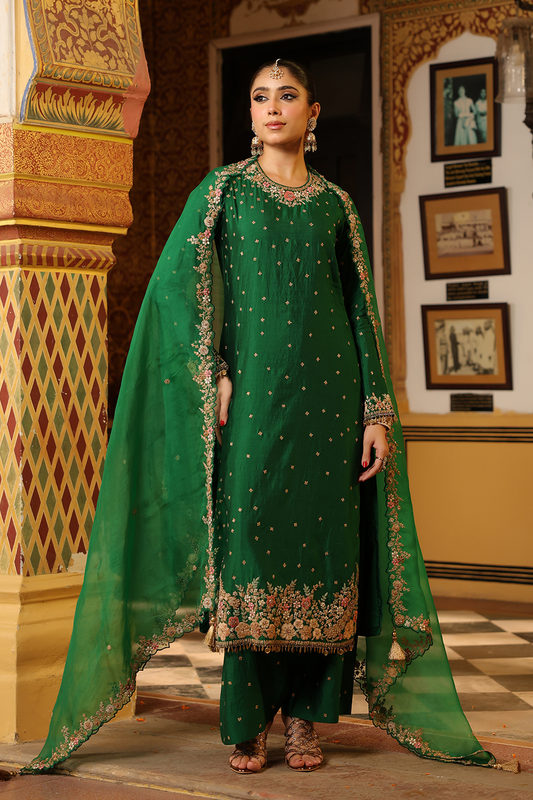 Ahista Green Mayur Applique Long Kurta With Heavy Dupatta