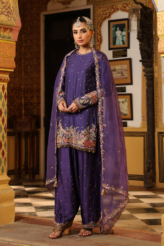 Ahista Purple Mayur Applique Short Kurta With Heavy Dupatta