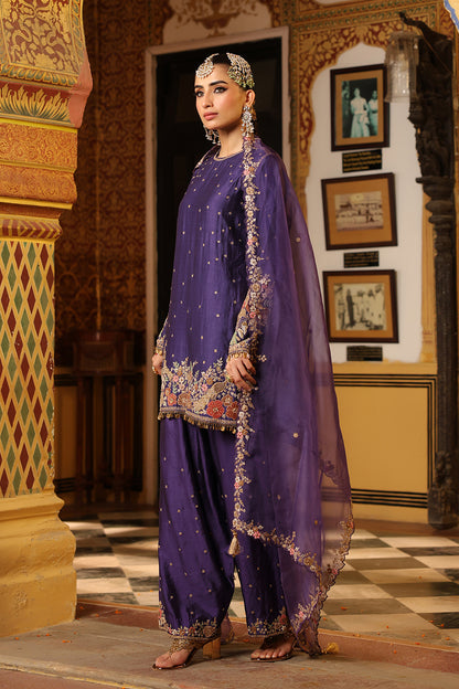Ahista Purple Mayur Applique Short Kurta With Heavy Dupatta
