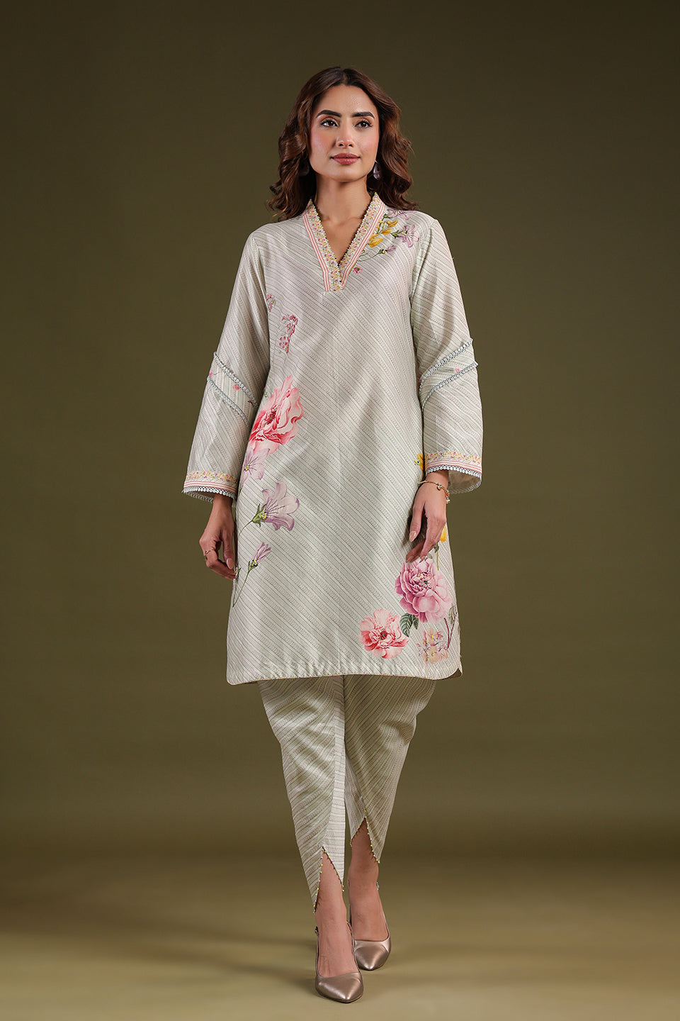 Noor Sage Green Zipper Kurti Set