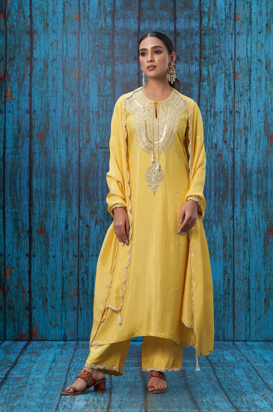 Yellow Tikki and Silver Zardozi Kurta Set