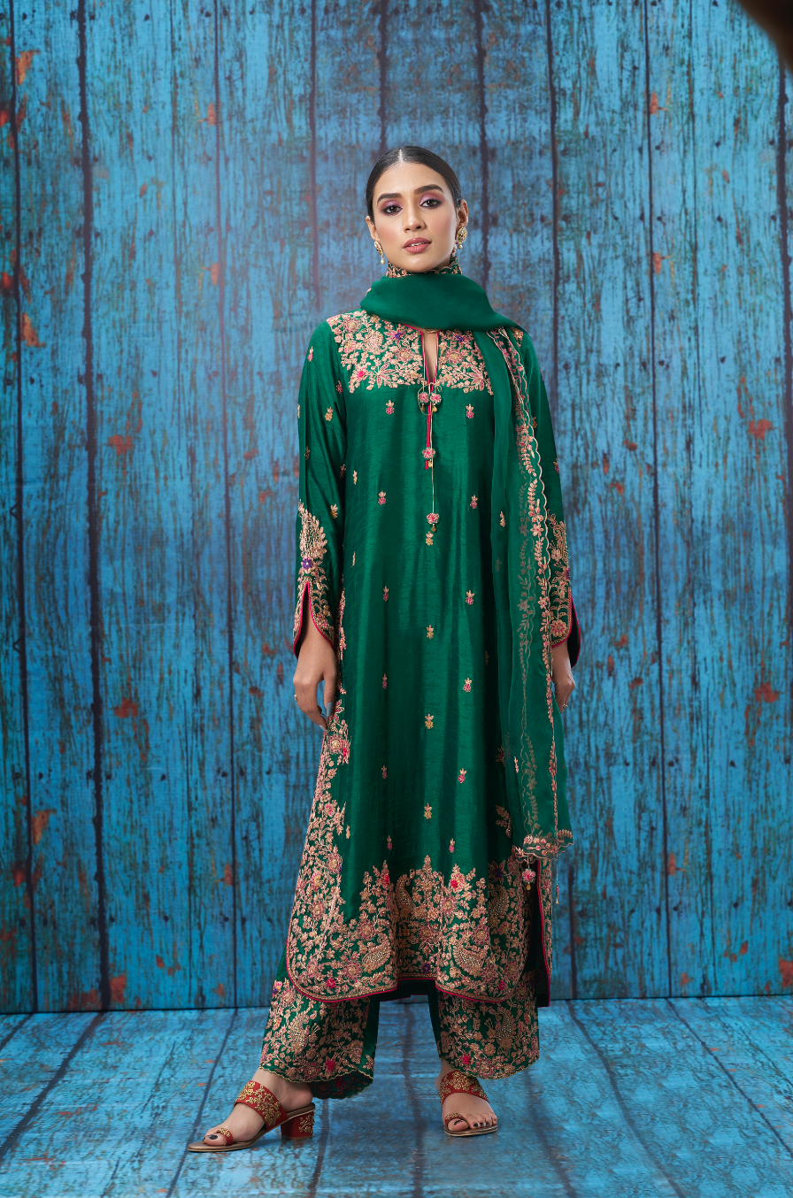 Green Kairi Buta Jaal Long Kurta Set