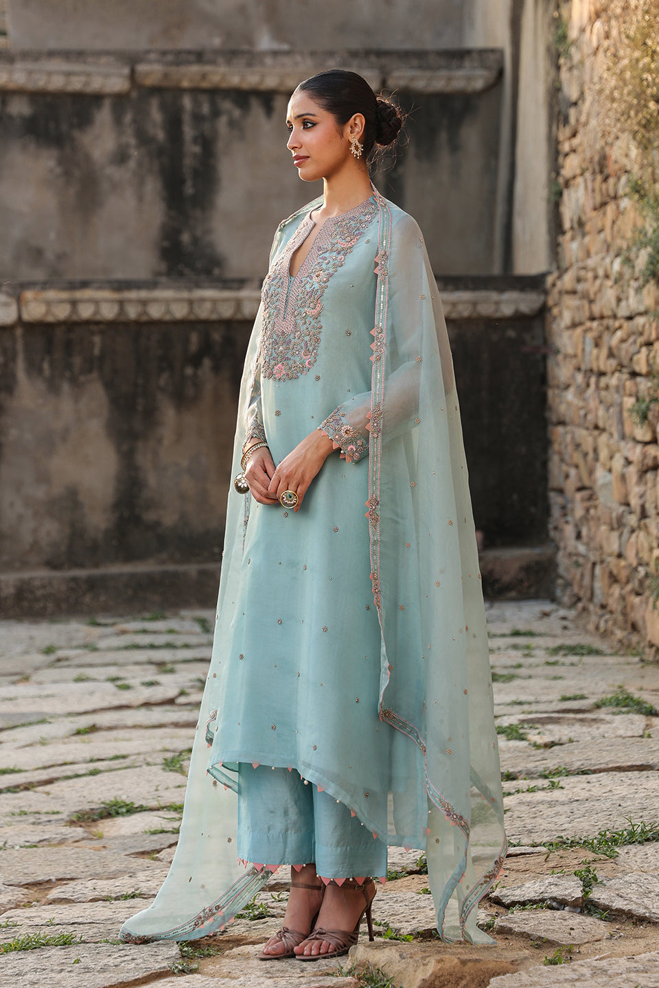 Vaayu Light Blue Heavy Neck Kurta Set