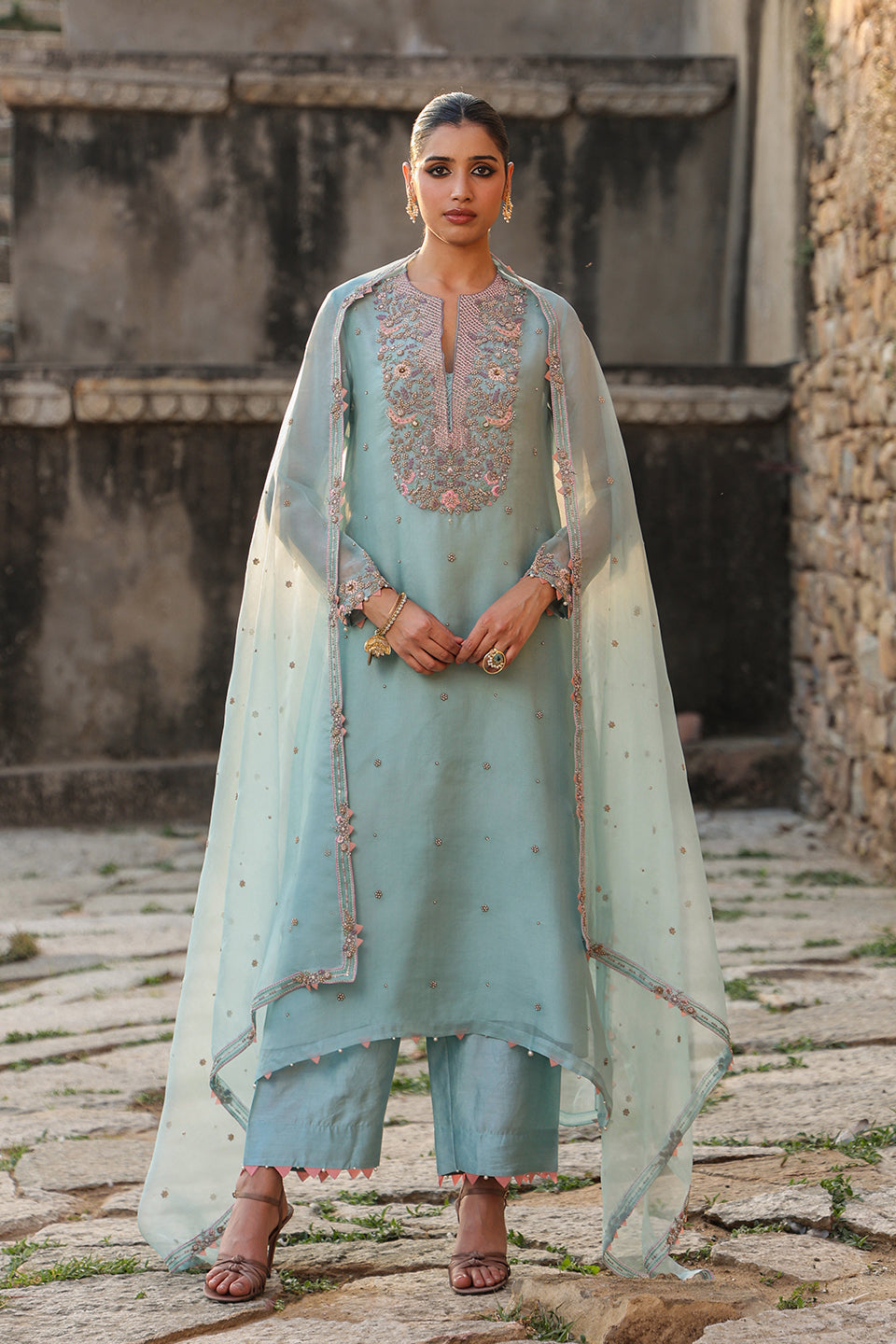 Vaayu Light Blue Heavy Neck Kurta Set