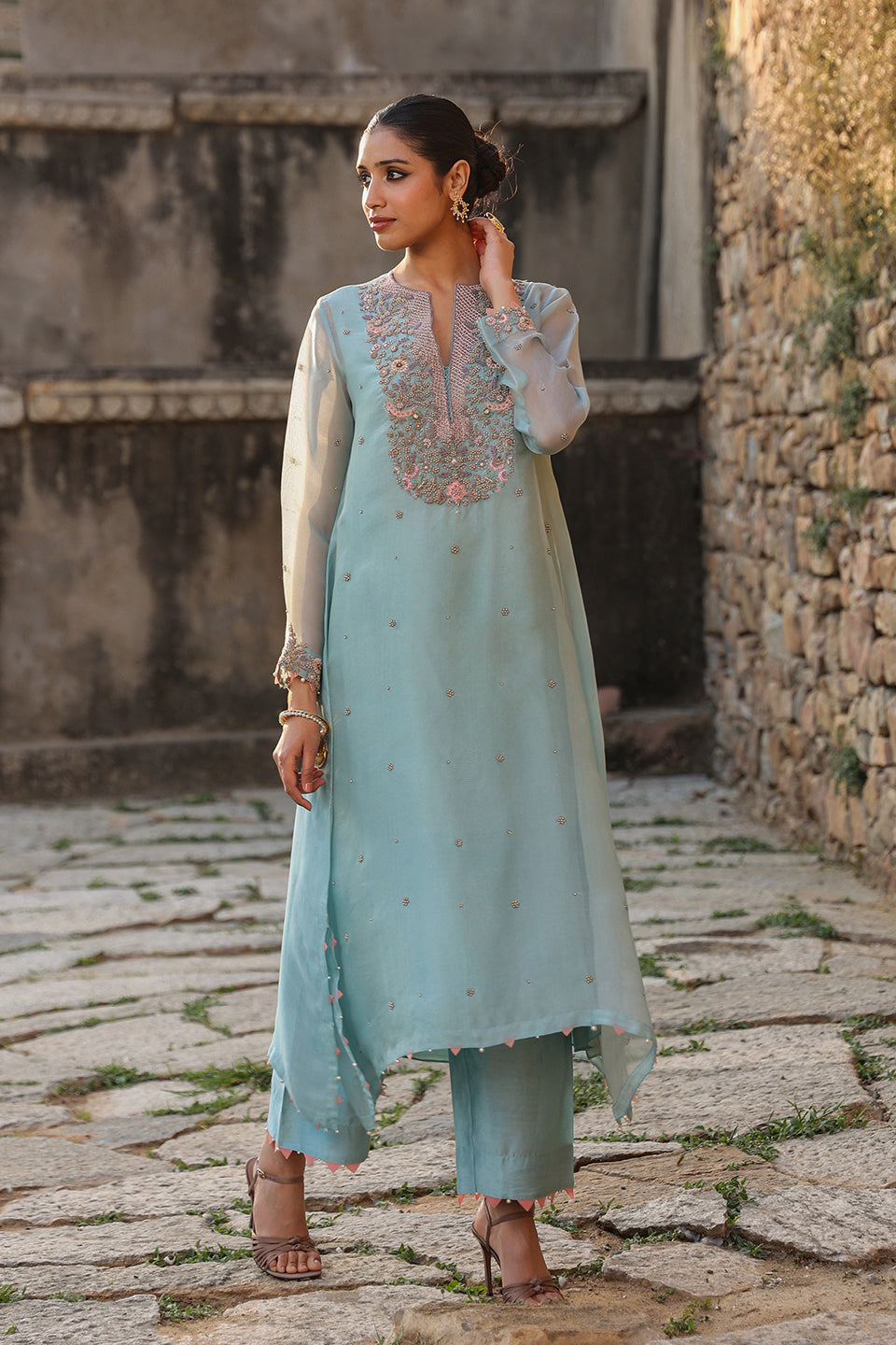 Vaayu Light Blue Heavy Neck Kurta Set