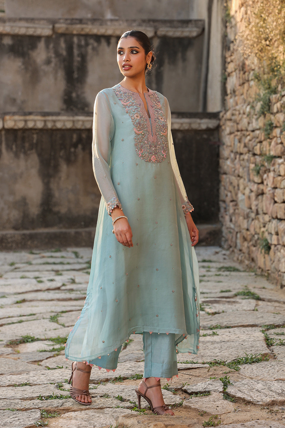 Vaayu Light Blue Heavy Neck Kurta Set