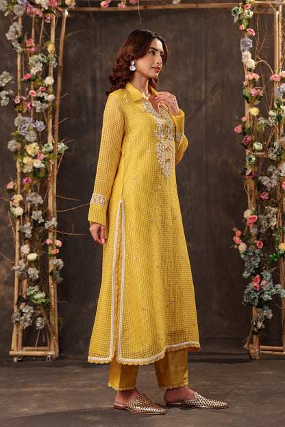 Vaayu Yellow Collar Kurta Set