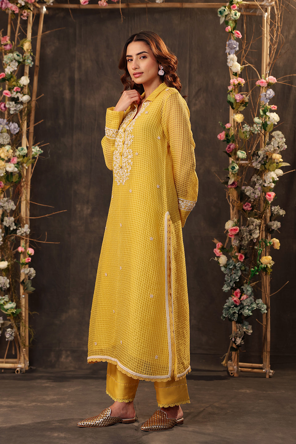 Vaayu Yellow Collar Kurta Set