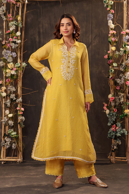 Vaayu Yellow Collar Kurta Set