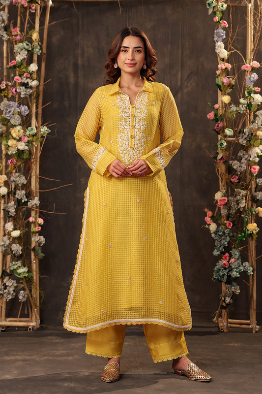 Vaayu Yellow Collar Kurta Set