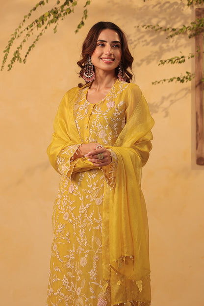 Vaayu Yellow Heavy Jaal Scallop Kurta Set
