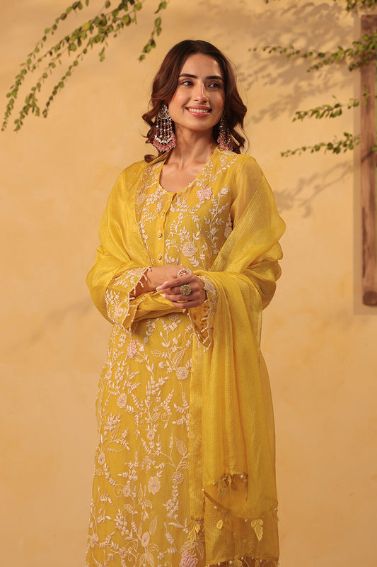 Vaayu Yellow Heavy Jaal Scallop Kurta Set