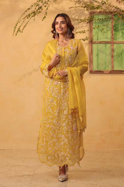 Vaayu Yellow Heavy Jaal Scallop Kurta Set
