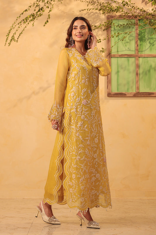 Vaayu Yellow Heavy Jaal Scallop Kurta Set