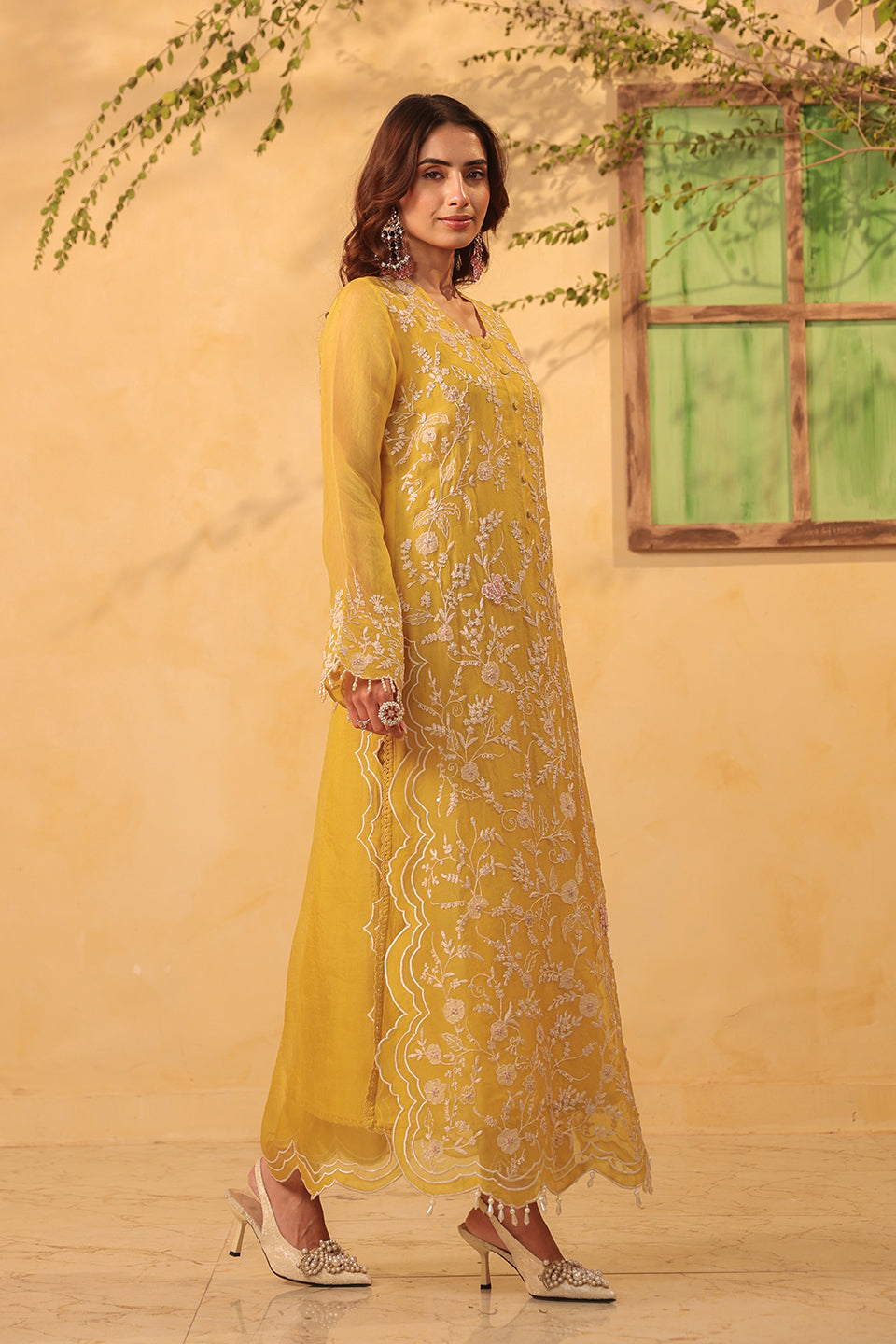 Vaayu Yellow Heavy Jaal Scallop Kurta Set