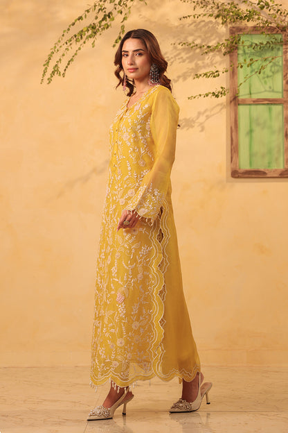 Vaayu Yellow Heavy Jaal Scallop Kurta Set