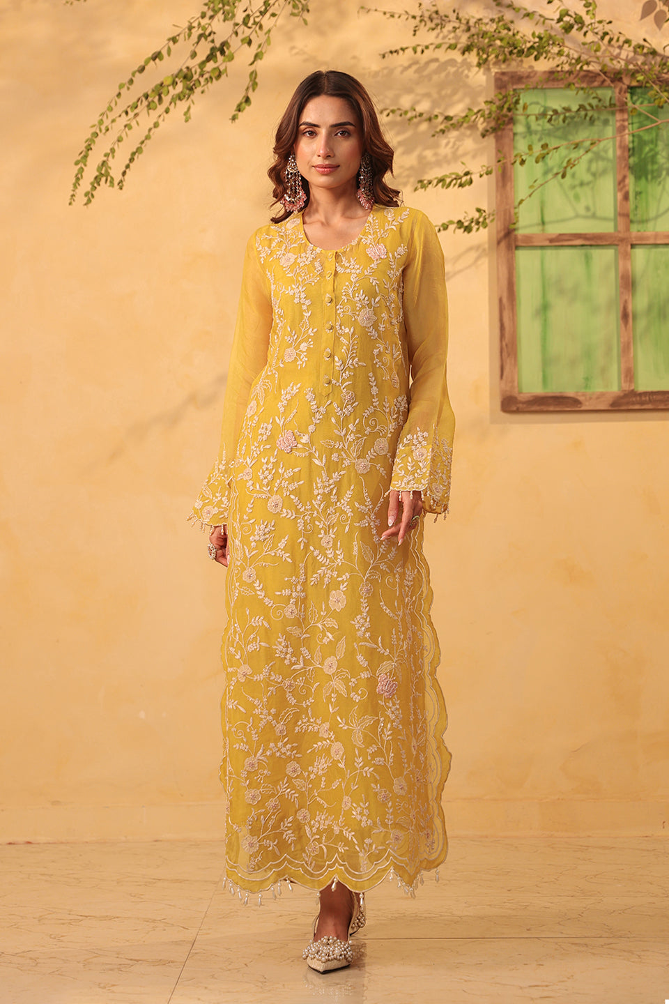 Vaayu Yellow Heavy Jaal Scallop Kurta Set
