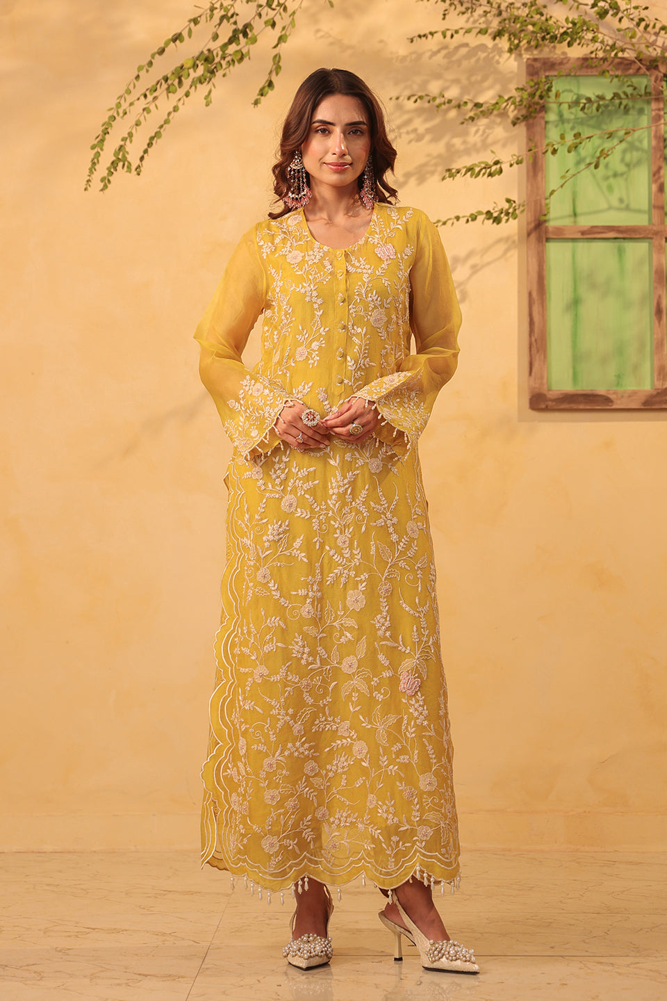 Vaayu Yellow Heavy Jaal Scallop Kurta Set