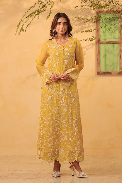 Vaayu Yellow Heavy Jaal Scallop Kurta Set