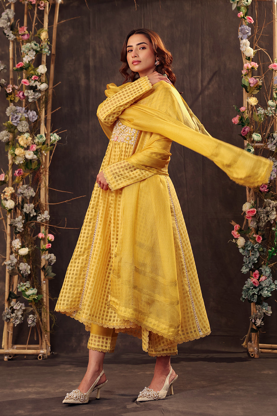 Vaayu Yellow Panelled Kalidar Set