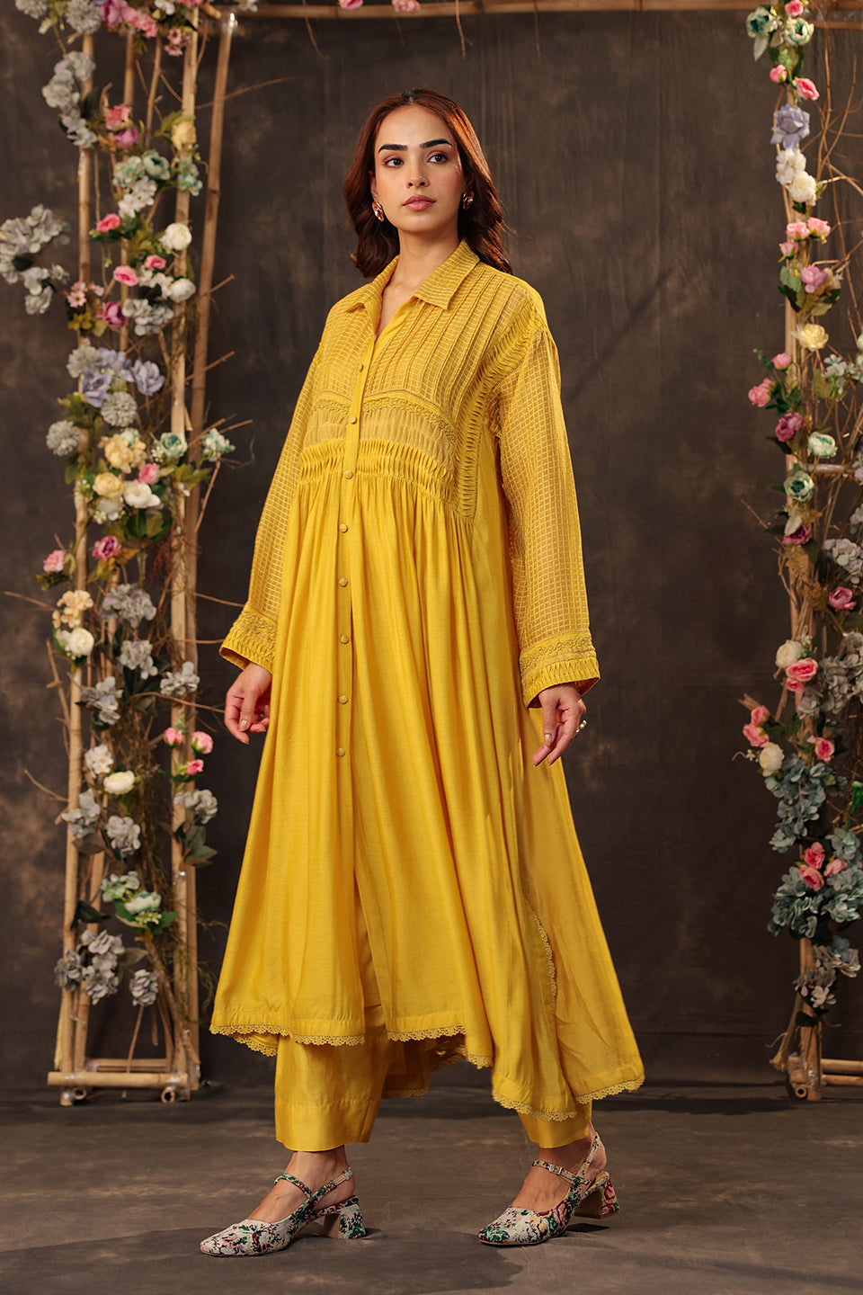 Vaayu Yellow Pintuck Collar Kurta Set