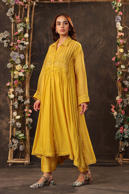 Vaayu Yellow Pintuck Collar Kurta Set