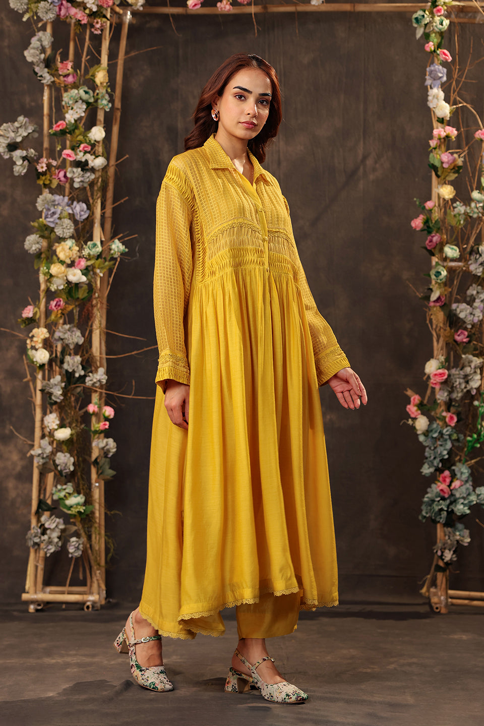 Vaayu Yellow Pintuck Collar Kurta Set