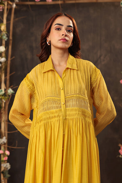 Vaayu Yellow Pintuck Collar Kurta Set