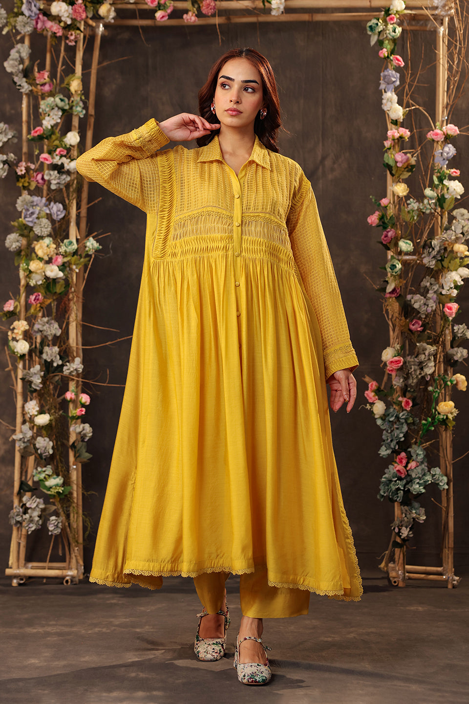 Vaayu Yellow Pintuck Collar Kurta Set