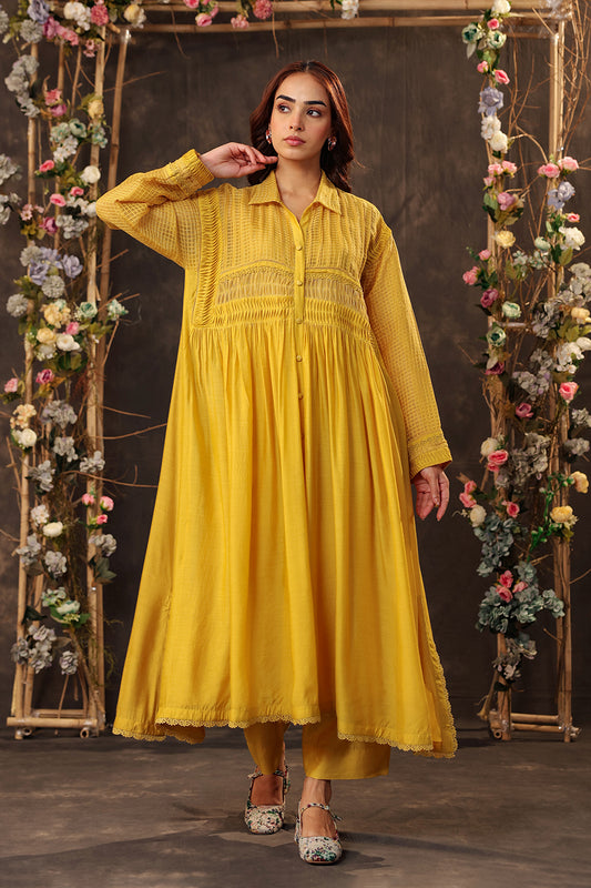 Vaayu Yellow Pintuck Collar Kurta Set