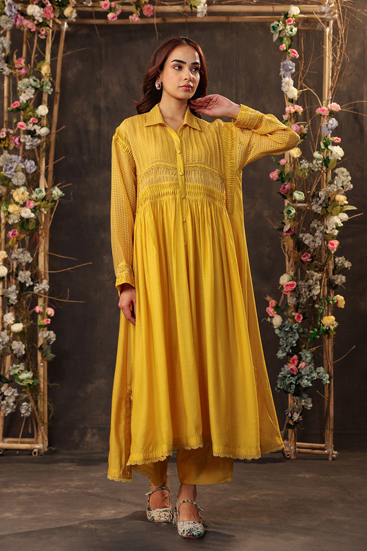 Vaayu Yellow Pintuck Collar Kurta Set