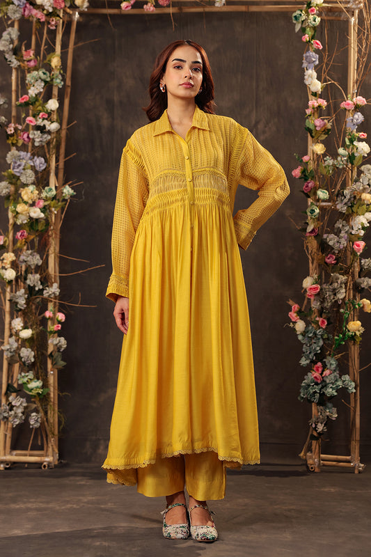 Vaayu Yellow Pintuck Collar Kurta Set