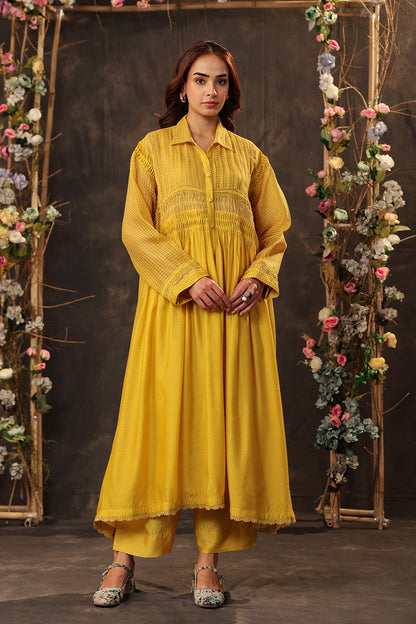 Vaayu Yellow Pintuck Collar Kurta Set