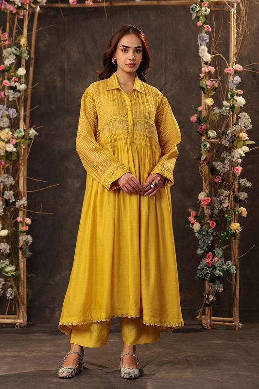 Vaayu Yellow Pintuck Collar Kurta Set