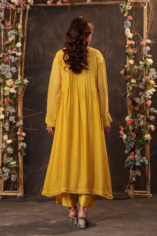 Vaayu Yellow Pintuck Collar Kurta Set
