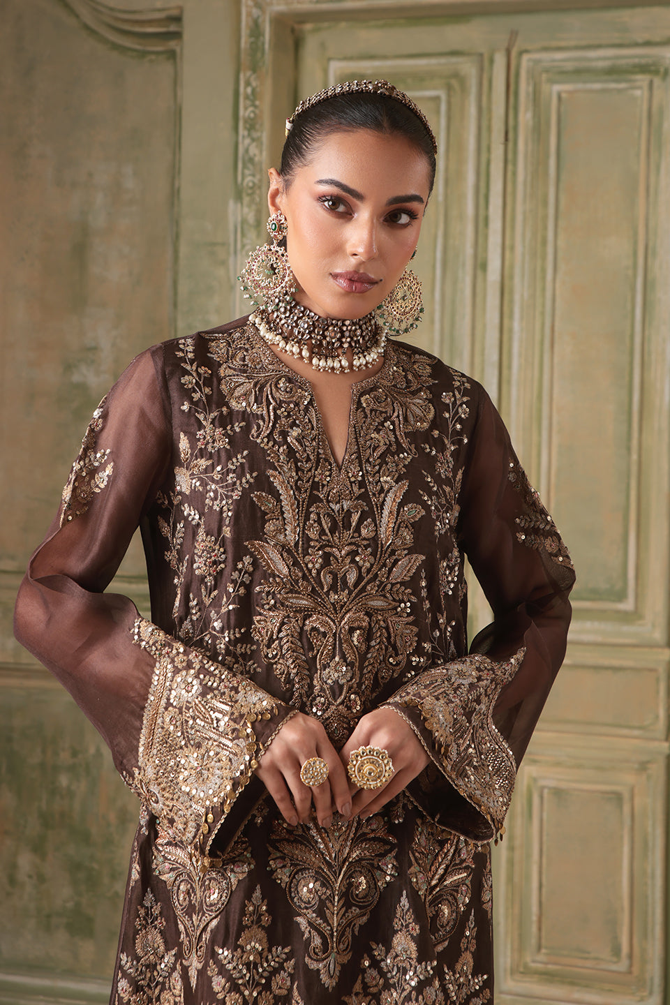 Zar:Rang Brown Heavy Jaal Kaftan Set