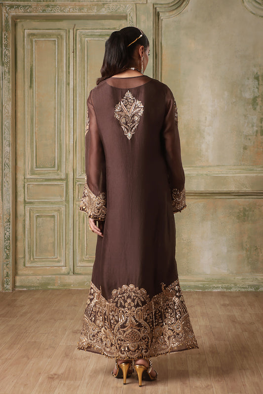 Zar:Rang Brown Heavy Jaal Kaftan Set