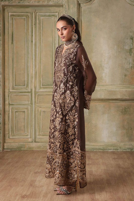 Zar:Rang Brown Heavy Jaal Kaftan Set