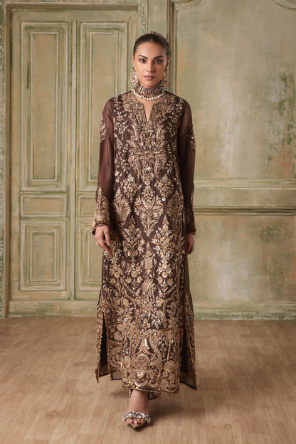 Zar:Rang Brown Heavy Jaal Kaftan Set