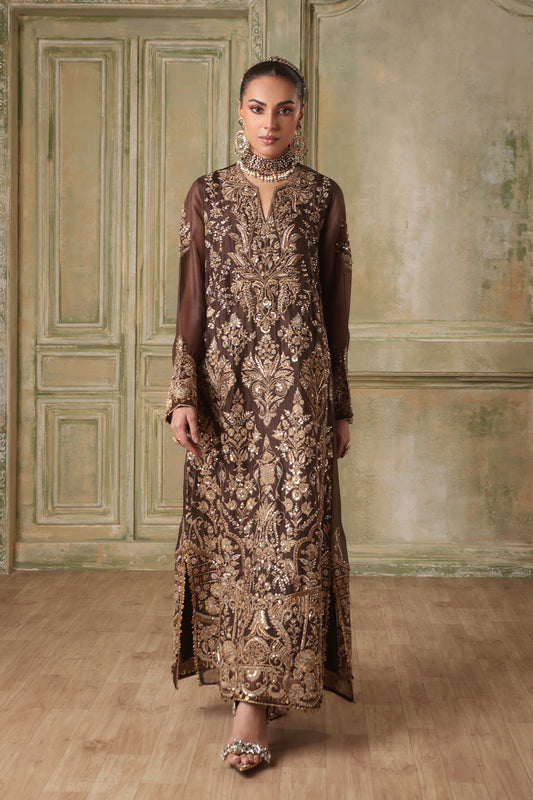 Zar:Rang Brown Heavy Jaal Kaftan Set